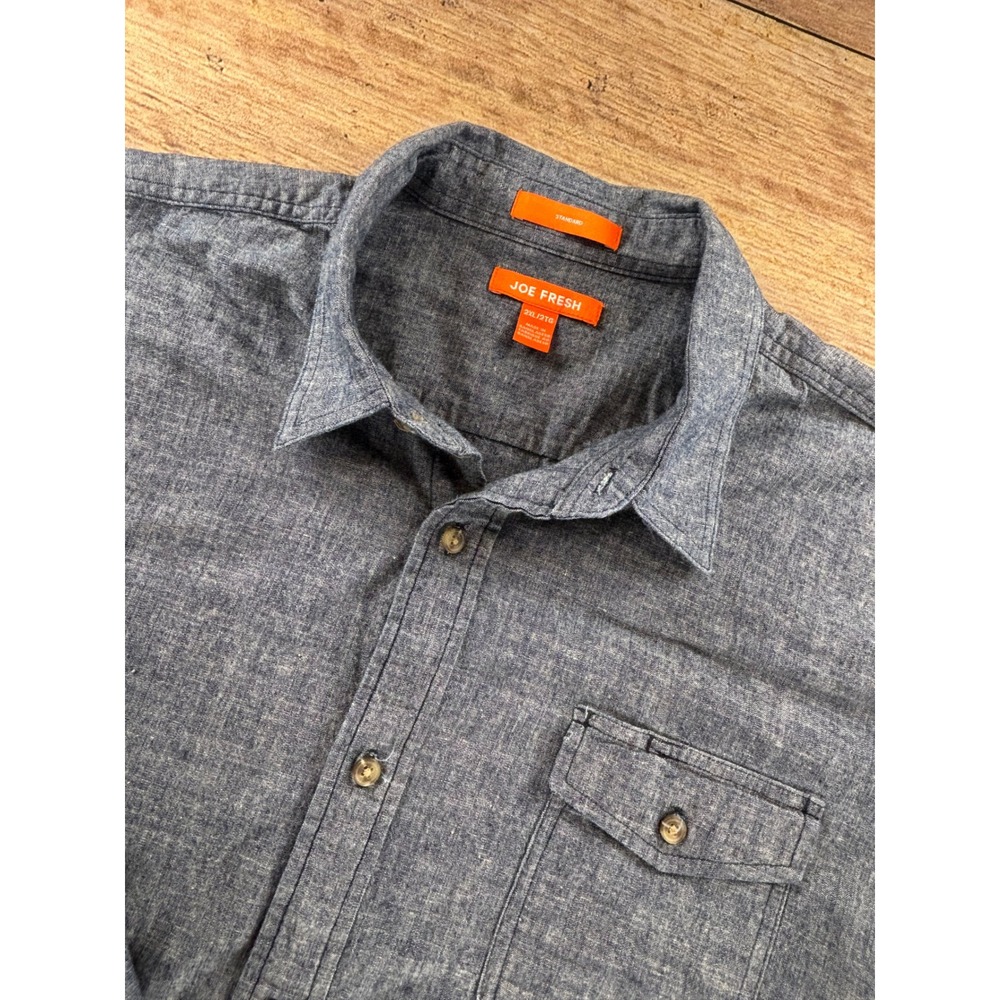 Joe Fresh Mens 2XL Blue Chambray Cotton Button Down Shirt MF7W225430 Standard